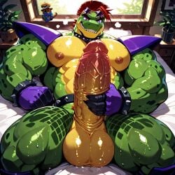 abs ai_generated animatronic bed bedroom five_nights_at_freddy's five_nights_at_freddy's:_security_breach fnaf haishito huge_cock male male_only masturbation montgomery_gator_(fnaf) muscular pecs penis robot sweat sweaty