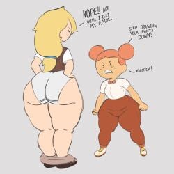 2girls adventure_time adventure_time:_fionna_&_cake angry ass ass_focus big_ass blonde_hair breasts cartoon_network clothed dialogue female female_focus female_only fionna_the_human_girl from_behind greenthumb_2 hands_on_hips huge_ass long_hair mole orange_hair panties ponytail queen queen_of_ooo shortstack smile thick thick_ass thick_thighs twintails work_uniform