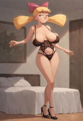 ai_generated blonde_hair breasts female female_focus female_only helga_pataki hey_arnold! high_heels huge_breasts lingerie nickelodeon thelightningcrab twintails