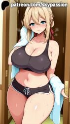 1girls 2025 ai_assisted ai_generated anime artist_name belly big_breasts big_chest black_tank_top blonde_hair blue_eyes blush braid breasts bust busty chest cleavage clothed_female curvy female female_focus female_only fur_trim hair_between_eyes hair_ribbon hi_res high_quality high_resolution highres holding_towel indoors large_breasts looking_at_viewer mole mole_under_eye navel nipples_visible_through_clothing patreon patreon_username plump red_ribbon ribbon sitting skypassion smile solo sports_bra sports_shorts sportswear stable_diffusion sweat tank_top thick_thighs thighs towel towel_around_neck violet_evergarden violet_evergarden_(character) watermark