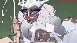 ai ai_art ai_generated angel azure993 breasts cum cum_on_face cumming cumshot dark-skinned_female facial female female_focus girl handjob hazbin_hotel sera_(hazbin_hotel) stroking_penis uncensored white_clothing white_hair