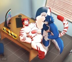 absurd_res anal anal_sex anthro atilaforrester baraodornelles blue_body blue_fur canid canine canis computer duo electronics erection from_front_position fur hi_res lifting lying male male/male mammal missionary_position office on on_back paws penetration police police_officer psychotalbain raised_leg red_body red_fur sex table_sex tiger-dragon wolf