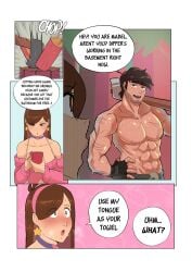 1boy 1girls abs banjabu bare_arms bare_shoulders big_breasts black_hair blush brown_hair color english_text female gravity_falls hi_res large_breasts light-skinned_female light_skin long_hair mabel_pines male male/female marco_diaz muscles muscular muscular_male scar short_hair star_vs_the_forces_of_evil sweat tagme text text_bubble thick_thighs