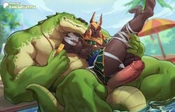 2025 abs animal_genitalia anthro anthro_on_anthro anthro_on_bottom anthro_on_top anubian_jackal ass balls barazoku biceps big_muscles brother_(lore) brothers_(lore) canid canine canis claws clothed clothed/nude clothing crocodile crocodilian day duo fur genitals glans hand_on_face hand_on_leg headdress hi_res huge_muscles humanoid_genitalia humanoid_penis incest_(lore) jackal kawaakumma kemono larger_male league_of_legends legs_up male male/male male_on_bottom male_on_top mammal muscular muscular_anthro muscular_arms muscular_male muscular_thighs nasus_(lol) nude obliques on_bottom on_top open_mouth outside partially_submerged patreon pecs penis poolside renekton reptile riot_games scales scalie sibling_(lore) sitting size_difference smaller_male smile swimming_pool tencent thick_arms thick_thighs tongue tongue_out tuft umbrella water whistle_(object) wraps