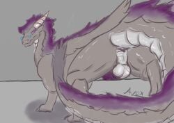 absurd_res anus ass avox avox_(artist) balls big_butt black_body butt_focus digital_media_(artwork) dragon embarrassed erection eyewear feral fluffy fluffy_tail fur furred_dragon furred_scalie genitals glasses grey_body hair hi_res horn knot looking_at_viewer male mythological_creature mythological_scalie mythology nude penis pherodrake presenting presenting_hindquarters purple_body purple_fur purple_hair scaled_dragon scalie shy simple_background solo tail wings