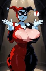 ! 1girls ai_generated batman:_the_animated_series batman_(series) black_lipstick black_mask black_outfit blue_eyes breasts cleavage clothing dc dc_comics enormous_breasts female female_focus female_only gigantic_breasts gloves harleen_quinzel harley_quinn harley_quinn_(classic) huge_breasts human human_only large_breasts light-skinned_female light_skin mammal massive_breasts mature mature_female mature_woman nipples open_mouth red_outfit ripped_clothing solo solo_female surprised surprised_expression thick_thighs thighs voluptuous voluptuous_female white_gloves wide_hips