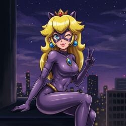 2025 5_fingers ai_generated batman_(series) blonde_female blonde_girl blonde_hair_female blue_earrings blue_eyes bodysuit cat_ears catwoman_(cosplay) city_background clouds dc_comics dcau deviantart drawing human looking_at_viewer meta night night_sky nintendo not_porn orange_lipstick png princess_peach purple_bodysuit purple_catsuit purple_mask purple_rubber rubber rubber_clothing rubber_suit shiny_clothes sitting_on_building smile_at_viewer smiling_at_viewer stark-astrea stars super_mario_bros. v_pose v_sign winking_at_viewer