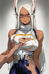 ai_generated big_breasts boku_no_hero_academia breasts dark-skinned_female dark_skin faprunner78 female fondling fondling_breast grabbing_arm groping groping_breasts hips long_hair mirko miruko muscular muscular_arms muscular_female my_hero_academia natural_breasts parted_lips rabbit_ears rabbit_girl red_eyes rumi_usagiyama slim_girl slim_waist superhero_costume superheroine surprised surprised_expression torn_clothes waist white_hair white_male wide_hips