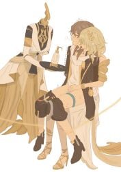2girls aglaea_(honkai:_star_rail) ancient_greek_clothes aphrodisiac arms_behind_back artist_name bare_shoulders black_boots black_coat black_gloves black_skirt blonde_hair blush boots bottle bracelet closed_eyes coat dress female flower full_body futa_with_female futanari gloves gold_bracelet gold_shoes greco-roman_clothes grey_hair hair_between_eyes hair_flower hair_ornament hair_over_eyes high_heels highres holding holding_tray honkai:_star_rail honkai_(series) intersex jewelry korshokor lapels laurel_crown long_hair long_sleeves lube multiple_girls open_clothes open_coat open_mouth penis pocket_watch shirt shoes short_hair simple_background sitting sitting_on_person skirt sleeveless sleeveless_dress smile stelle_(honkai:_star_rail) sweat t-shirt thigh_strap thread toenails trailblazer_(honkai:_star_rail) tray trembling watch white_background white_dress white_flower white_shirt