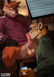 2024 anthro balls blush bottomless canid canine cheetah chunie clothed clothing digital_media_(artwork) digital_painting_(artwork) duo felid feline fox genitals hi_res humanoid_genitalia humanoid_penis inside licking male male/male mammal oral painting_(artwork) penile penis penis_lick red_fox sex tongue true_fox