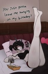 abs ass birthday black_eyeshadow black_hair black_lipstick black_nails blush creepcoffin creepypasta demon demon_girl demon_horns demoness feet feet_up gold_eyes goth goth_girl in_heat mole_on_breast mole_on_thigh mole_under_mouth nail_polish original_character pierced_ears ponytail stretch_marks thick_ass thick_thighs thighs yellow_eyes