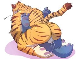 anal anal_sex anthro ass balls bodily_fluids canid canine canis claws cum cum_in_ass cum_inside duo felid from_front_position fur genital_fluids genitals heart_symbol kemono male male/male male_penetrated male_penetrating male_penetrating_male mammal mating_press multicolored_body multicolored_fur nude nude_anthro nude_male pantherine pawpads penetration sex striped_body striped_fur stripes text tiger toe_claws toraya_inugami two_tone_body two_tone_fur wolf