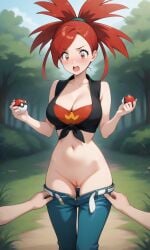 1girls ai_generated assisted_exposure blue_pants breasts cleavage cowboy_shot denim_jeans exposed_pussy flannery_(pokemon) flannery_(pokemon_oras) front-tie grass hands_up holding_poke_ball humiliation jeans looking midriff narrow_waist navel no_panties open_mouth pants_pull pantsing poke_ball pokemon pokemon_oras prank pulling_another's_clothes pussy red_eyes red_hair sleeveless solo standing surprised teeth top undressing_another upper_body white_belt