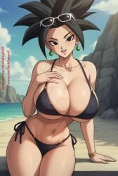 beach bikini black_hair deviantart dragon_ball kefla large_breasts ponytail sunglasses watermark