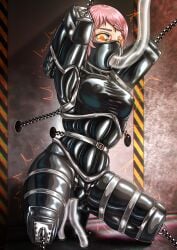 bad_end belts bitchsuit bondage bondage_gear bondage_outfit bound bound_arms bound_legs damsel_in_distress death_(personification) death_devil devil devil_(chainsaw_man) digital_media_(artwork) four_horsemen gag gagged glowing_eyes intubation kneeling latex latex_bondage latex_clothing latex_suit mask mr.bones22 orange_eyes pink_hair ring_gag rubber rubber_clothing rubber_suit shiny tube