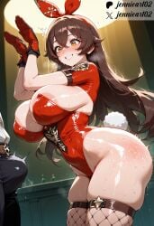 1boy ai_generated alternate_breast_size amber_(genshin_impact) animal_ears animal_tail areola_slip areolae arms_up ass bangs bare_shoulders black_legwear black_leotard blush bow bowtie breasts brown_hair bulge bunny_girl bunny_pose bunny_tail bunnysuit cleavage clothing crossed_bangs curvaceous detached_collar erection erection_under_clothes fake_animal_ears fake_tail female fishnet_legwear fishnets genshin_impact gloves grin hair_between_eyes hair_ornament hairband hands_up headwear highleg highleg_leotard huge_breasts indoors jennieart02 large_breasts legwear leotard long_hair male navel nipples pants patreon patreon_logo patreon_username penis penis_awe playboy_bunny rabbit_ears rabbit_tail red_hairband red_leotard ribbon shiny_skin short_sleeves shrug_(clothing) skindentation smile solo_focus standing straight strapless strapless_leotard sweat tail teeth thick_thighs thighhighs thighs twitter twitter_username watermark wrist_cuffs yellow_eyes