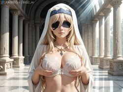1girls ai_generated ancient artist_name big_breasts bigz_ai blindfold blindfolded blonde_female blonde_hair blue_eyes bra breast_grab church church_interior eyepatch female female_only goblin_slayer large_breasts light-skinned_female light_skin lingerie long_hair necklace pillar priestess smile squeezing_breast sunlight sword_maiden_(goblin_slayer) temple white_clothing white_hair