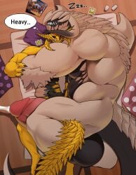abs absurd_res anthro arkveld balls bed biceps big_muscles big_penis bodily_fluids capcom claws dragon duo flying_wyvern furniture genital_fluids genitals hi_res holding_partner horn hug huge_muscles hyper hyper_genitalia hyper_muscles male male/male monster_hunter muscular muscular_anthro muscular_male muscular_thighs mythological_creature mythological_scalie mythology nill321 pecs penis rey_dau scales scalie size_difference sleeping sleeping_together tail triceps vein white_body wings yellow_body