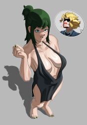 1boy 1girls all_might big_breasts breasts cleavage_dress clothed clothing dress female green_hair high-angle_view inko_midoriya male mature_female milf mother my_hero_academia revealing_clothes wowsas