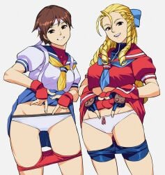 2d 2girls blonde_hair brown_eyes brown_hair busty capcom coveredcore drill_hair female female_focus female_only hazel_eyes hourglass_figure karin_kanzuki long_hair panties pixie_cut sakura_kasugano school_uniform schoolgirl short_hair standing street_fighter street_fighter_alpha wide_hips