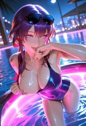 ai ai_art ai_generated breasts breasts erect_nipples honkai:_star_rail kafka_(honkai:_star_rail) neon_lights night purple_eyes purple_hair seductive seductive_smile sexy sexy_armpits sexy_body sexy_pose swimsuit swimwear water wet