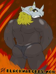 3:4 anthro armor ass bandai_namco black_clothing black_speedo black_swimwear blackwargreymon bulge bulge_from_behind clothing cocky_smile digimon digimon_(species) fire grin grinning_at_viewer hair headgear helmet hi_res horn horned_helmet male muscular muscular_anthro muscular_male rear_view red_hair smile solo speedo swimwear tokerutrash yellow_eyes