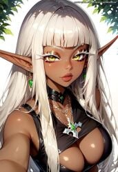 ai_generated bangs beautiful black_topwear cleavage cleavage_cutout cute cute_face dark_elf dark_elf_female dark_skin elf elf_ears elf_female eyelashes eyeshadow freckles hime_cut jewelry long_eyelashes long_hair makeup mastarblastar medium_breasts original original_character pose posing posing_for_the_viewer puckered_lips round_breasts selfie slim_waist smug smug_face tagme tan_body white_hair yellow_eyes