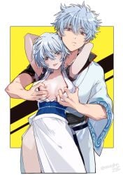 1boy 1girls arms_up asaghn235 blush breast_grab breast_squeeze canon_genderswap dual_persona female genderswap_(mtf) ginko_sakata gintama gintoki_sakata groping groping_breasts groping_from_behind japanese_clothes kimono light_blue_hair looking_at_viewer male medium_breasts no_bra obi pale-skinned_female pale_skin rule_63 selfcest short_hair side_slit smile tongue_out white_hair wolf_cut yellow_background