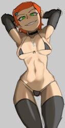 arm_warmers armpits arms_behind_head bikini choker evil_grin female femdom green_eyes grey_background gwen_tennyson key keyholder looking_at_viewer looking_down midriff no_background noodlensfw orange_hair pale-skinned_female pale_skin part_of_a_set pinup pinup_pose pov red_hair sadistic_smile self_upload slim slim_girl slim_waist small_bikini small_breasts smile smiling smug smug_expression smug_face smug_grin smug_smile stockings tease teasing teasing_viewer thigh_gap tights