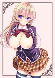 blazer blonde_hair blush breasts female jacket kuroe_(sugarberry) large_breasts long_hair nakiri_erina nipples open_blazer open_clothes open_jacket open_shirt parted_lips plaid plaid_skirt purple_eyes school_uniform shirt shokugeki_no_souma skirt skirt_hold solo thighhighs zettai_ryouiki