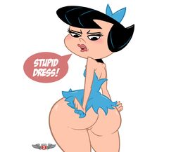 ! angry annoyed ass back_view betty_rubble black_eyes blue_dress blush breasts choker dialogue dress eyelashes female female_only hairbow hairless_pussy hanna-barbera highres huge_ass human lipstick looking_down milf narrow_shoulders no_panties phillipthe2 pussy sideboob signature small_breasts solo standing text the_flintstones thenewguy thick_thighs thin_arms thin_waist white_background wide_hips