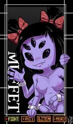 2017 6_arms anthro arachnid arthropod big_breasts black_hair blush breasts fangs female hair hair_ribbon humanoid looking_at_viewer muffet multi_arm multi_eye multi_limb nipples nude pussy ribbons simple_background smile solo spider sruto undertale video_games