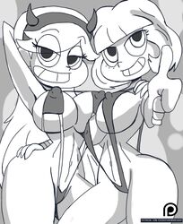 2girls aged_up arms_behind_head ass_grab bare_shoulders big_breasts bikini bikini_bottom bimbo black_and_white bracelet busty cleavage curvy demon_horns detailed_background disney english_text erect_nipple erect_nipples eyelashes female female_only freckles front_view hair_ornament hairband hand_behind_head hand_on_hips hands_behind_head hands_on_hip hands_on_hips horns hourglass_figure human jackie_lynn_thomas large_breasts long_hair looking_at_viewer manic47 midriff monochrome multiple_females multiple_girls nipple_bulge older patreon pose posing princess royalty short_hair skimpy sling_bikini smiling standing star_butterfly star_vs_the_forces_of_evil swimsuit teenage teenager text underboob very_long_hair voluptuous wide_hips yuri