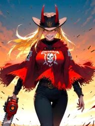 1girls ai_generated anime anime_girl arczisan babe badass belt big_breasts blonde_female busty chainsaw chainsaw_man clothed_breasts coming cowboy_hat cowboy_outfit cowgirl curvy_female demon demon_girl destruction fantasy female female_only glowing glowing_eyes horn horned_female jeans looking_at_viewer manwha power_(chainsaw_man) red_horns sexy smiling stable_diffusion teeth teeth_showing weapon