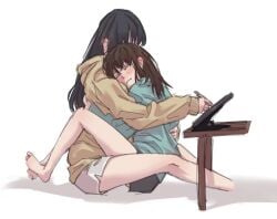 2girls bluedino262566 blush female hugging sitting sweater table yuri