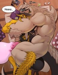 abs absurd_res anthro arkveld balls bed biceps big_muscles big_penis bodily_fluids capcom claws condom dragon duo filled_condom flying_wyvern furniture genital_fluids genitals hi_res holding_partner horn hug huge_muscles hyper hyper_genitalia hyper_muscles male male/male monster_hunter muscular muscular_anthro muscular_male muscular_thighs mythological_creature mythological_scalie mythology nill321 pecs penis rey_dau scales scalie sexual_barrier_device size_difference sleeping sleeping_together tail triceps vein white_body wings yellow_body