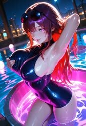 ai ai_art ai_generated glistening glistening_genitalia honkai:_star_rail kafka_(honkai:_star_rail) masterpiece neon_lights night seductive sexy sexy_pose smile swimsuit swimwear waifu water