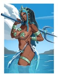 1girls big_breasts blue_eyes blue_hair breasts covered_nipples dark-skinned_female dark_skin earrings female female_focus female_only hand_on_hip huge_breasts long_hair looking_at_viewer original original_character pasties starfish_pasties trident wowsas