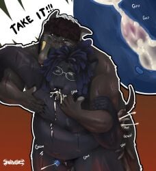 american_pit_bull_terrier anal anal_sex animal_genitalia anthro bite bodily_fluids canid canine canine_genitalia canis cum cum_from_mouth cum_from_nose cum_in_ass cum_in_mouth cum_in_nose cum_inside cum_through domestic_dog dreadlocks duo english_text erection excessive_cum excessive_genital_fluids eyewear felid foreskin genital_fluids genitals glasses hairy havhavoc havoc_(havhavoc) hi_res humanoid_genitalia hunting_dog inflation internal internal_anal knot kyah_(cubkyah) lion male male/male mammal multiple_piercings nipples nude onomatopoeia overweight pantherine penetration penile penile_penetration penis penis_in_ass piercing pit_bull prostate pubes scratching sex shoulder_bite slightly_chubby slightly_chubby_anthro sound_effects speech_bubble terrier text uncircumcised wearing_glasses