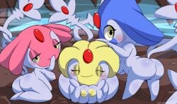 2_tails 2d 2d_(artwork) 3girls anthro azelf blue_face blush blushing cave eye_closed eyelashes eyeshadow female female_only fog foggy foggy_background game_freak gem gem_on_head gem_on_tail generation_4_pokemon hand_on_cheek hand_on_head hand_on_mouth happy happy_female humanoid humanoid_breasts lake_guardians legendary_pokemon looking_at_viewer looking_back looking_back_at_viewer lying_down lying_on_ground mesprit mythical_pokemon nintendo no_feet no_hands no_humans not_human pink_eyeshadow pink_face pink_nipples pokémon_(species) pokemon pokemon_(game) pokemon_(species) pokemon_dppt small_breasts smaller_female tail thick_butt thick_legs thick_thighs uxie video_game_character video_games water xelius yellow_eyes yellow_eyeshadow yellow_face yellow_nipples