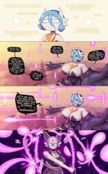 big_breasts blue_eyes blue_hair cat_ears cat_tail choker comic dialogue dialogue_bubble earrings eeveelution english_text espeon fight forehead_jewel gammainks gardevoir generation_2_pokemon generation_3_pokemon hi_res mandy_(gammainks) nintendo no_sex pokemon pokemon_(species) purple_fur shiny_gardevoir shiny_pokemon sword tail_piercing vanessa_(gammainks) yellow_eyes