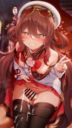 1boy absurdres ass_visible_through_thighs blush breasts brown_hair censored chinese_clothes clothes_lift cum dress dress_lift erection eyewear_on_head female flower-shaped_pupils genshin_impact grin grinding hair_between_eyes hat highres hu_tao_(cherries_snow-laden)_(genshin_impact) hu_tao_(genshin_impact) jewelry lifting_own_clothes long_hair long_sleeves m-da_s-tarou navel official_alternate_costume panties penis red_eyes ring round_eyewear small_breasts smile straight sunglasses symbol-shaped_pupils thigh_gap thigh_sex thighhighs thighs twintails underwear v