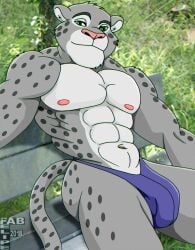 2018 abs anthro black_eyebrows bulge closed_smile clothed clothing digital_media_(artwork) eyebrows fabfelipe felid fur green_eyes grey_body grey_fur hi_res leopard looking_at_viewer male mammal markings mouth_closed muscular muscular_anthro muscular_male navel nipples pantherine pink_nipples pink_nose purple_clothing purple_thong purple_underwear smile solo spots spotted_body spotted_fur spotted_markings spotted_tail tail tail_markings thong thong_only topless topless_anthro topless_male underwear underwear_only white_body white_fur