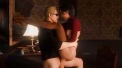 3d 3d_(artwork) ada_wong ada_wong_(adriana) albert_wesker arcasad asian_female big_penis black_hair blonde_hair breasts capcom clothing indoors light-skinned_male looking_at_another looking_pleasured resident_evil resident_evil_4 resident_evil_4_remake self_upload sex standing stockings vaginal_penetration
