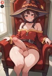 ai_generated balls big_penis blush clothing cock dickgirl erection futanari huge_cock indoors intersex kono_subarashii_sekai_ni_shukufuku_wo! light-skinned_futanari light_skin megumin penis precum roxygtf short_hair sitting small_breasts smug solo sweat sweating sweaty_body throne