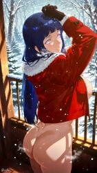 1girls anime artist_name ass ass_focus blue_hair blush boruto:_naruto_next_generations christmas_outfit hyuuga_hinata jacket looking_at_viewer looking_back naruto naruto_(series) naruto_shippuden photo ruinsatya smile snow teenager white_hair