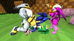 3d anal asmartboy balls blue_fur breasts double_anal furry hedgehog jet_the_hawk mammal penis sonic_(series) sonic_the_hedgehog storm_the_albatross strapon tape wave_the_swallow yaoi