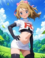 2025 4kids_entertainment ai_generated anime belly blue_eyes brown_hair clouds deviantart drawing elryusam green_earrings meta nintendo not_porn pink_ribbon pokemon red_lipstick serena_(pokemon) sky_background sun sunlight sunlight_rays team_rocket team_rocket_uniform tummy