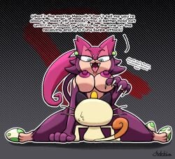 blue_eyes cat_ears cat_tail catgirl chabble earrings eggs fangs impregnation_request jessie_(pokemon) larger_female meowth meowth_(team_rocket) pokemon pokemon_(species) post_transformation purple_body purple_nipples purrloin sitting_on_person smaller_male sweatdrop transformation