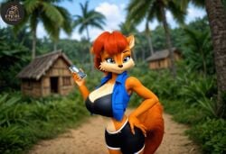 ai_generated animated auburn_hair big_breasts blue_eyes brown_fur cellphone chipmunk cleavage curvaceous curvy ezkiel_trove female female_focus female_only forest furry furry_female furry_only hourglass_figure large_breasts palm_tree sally_acorn shorts sonic_(series) sonic_satam sonic_the_hedgehog_(comics) squirrel tank_top tropical vest voluptuous